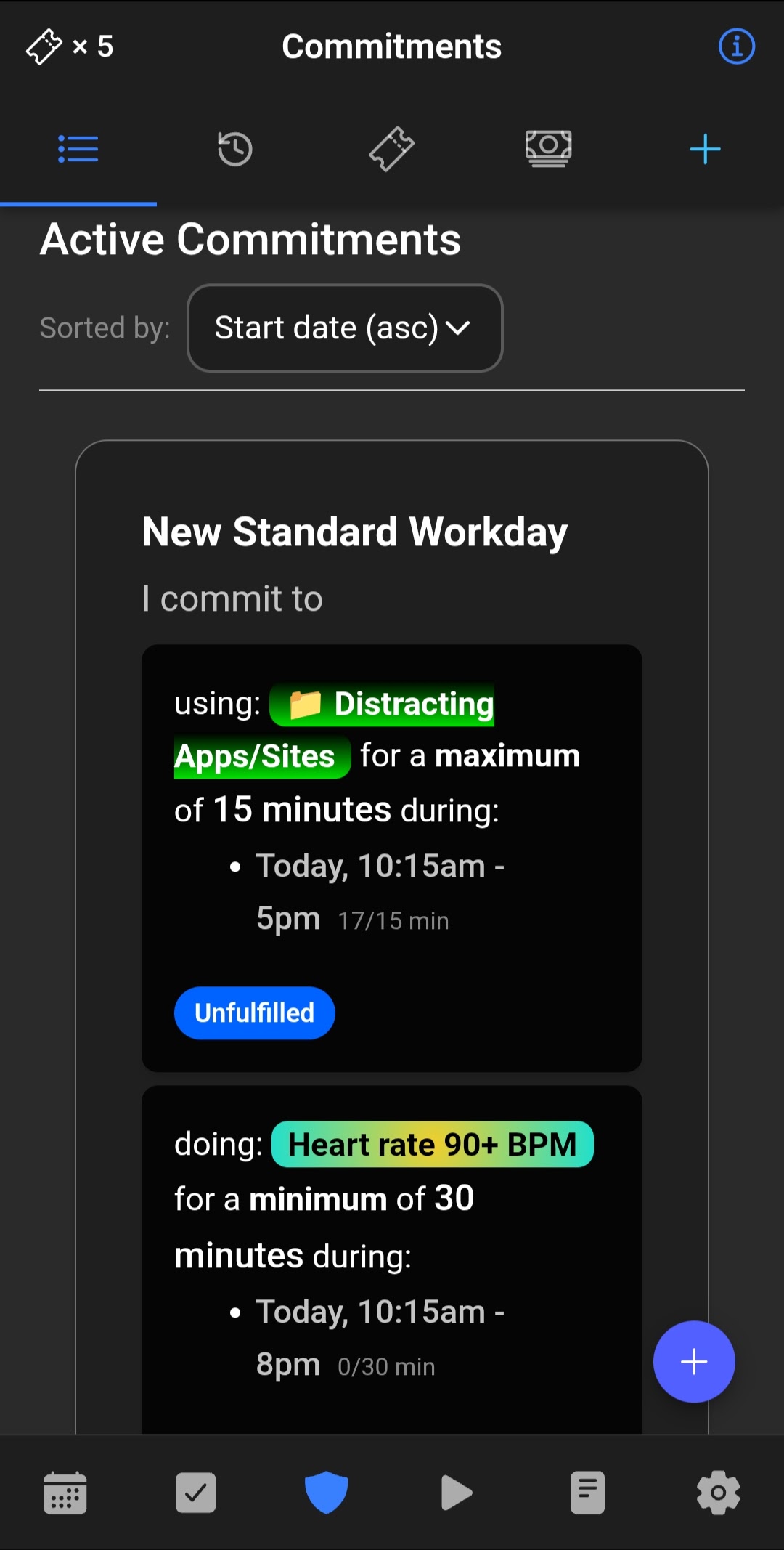 Bearing's active commitments view showing a 'New Standard Workday' container with a 15-minute distracting-apps cap and a 30-minute heart-rate 90+ BPM commitment in the same group.