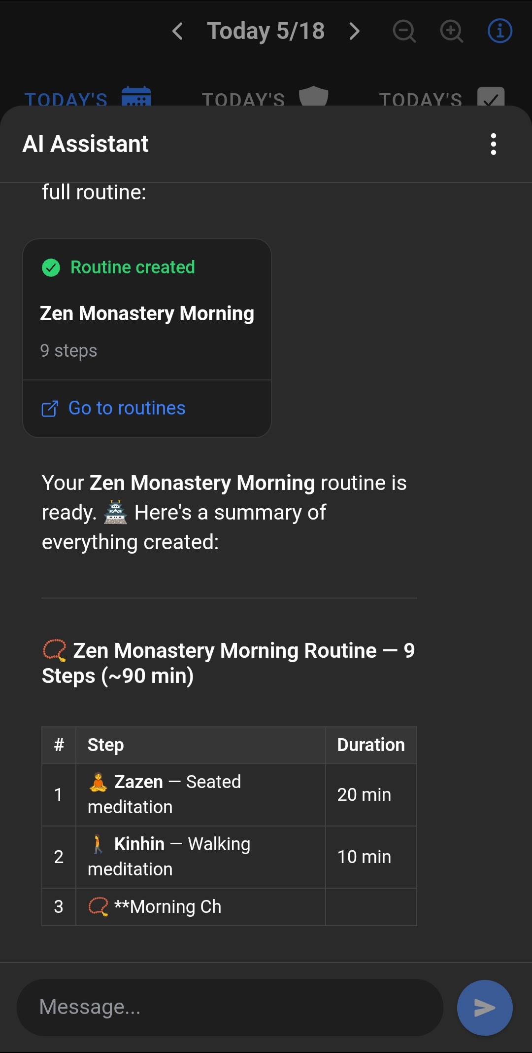 Bearing's AI assistant showing a created 'Zen Monastery Morning' routine with 9 timed steps including seated meditation, walking meditation, and morning chant.