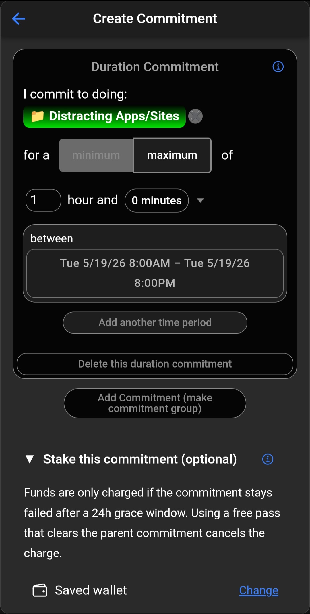 Bearing's commitment creation form with 'Stake this commitment (optional)' expanded, explaining the 24-hour grace window and free-pass mechanic.