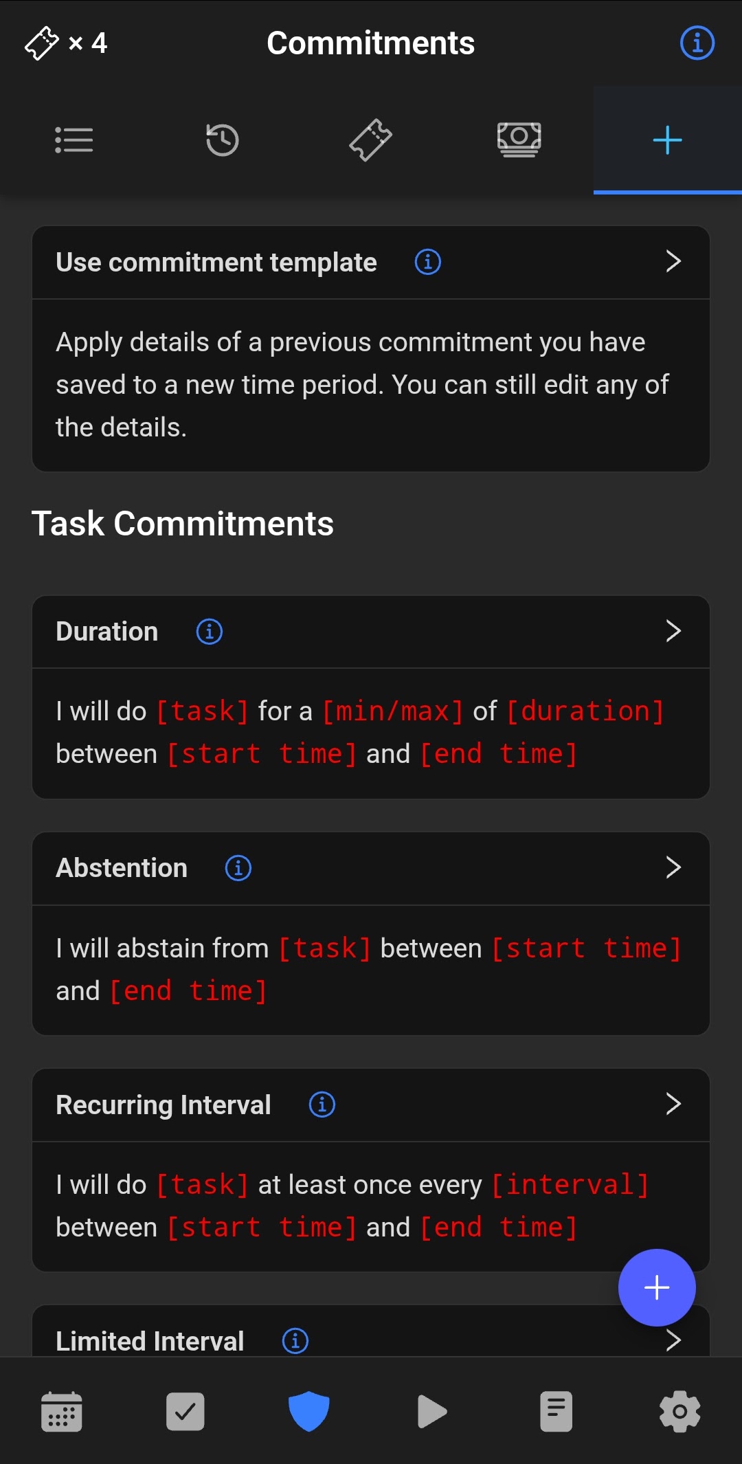 Bearing commitment creation showing duration, abstention, recurring interval, and limited interval templates.