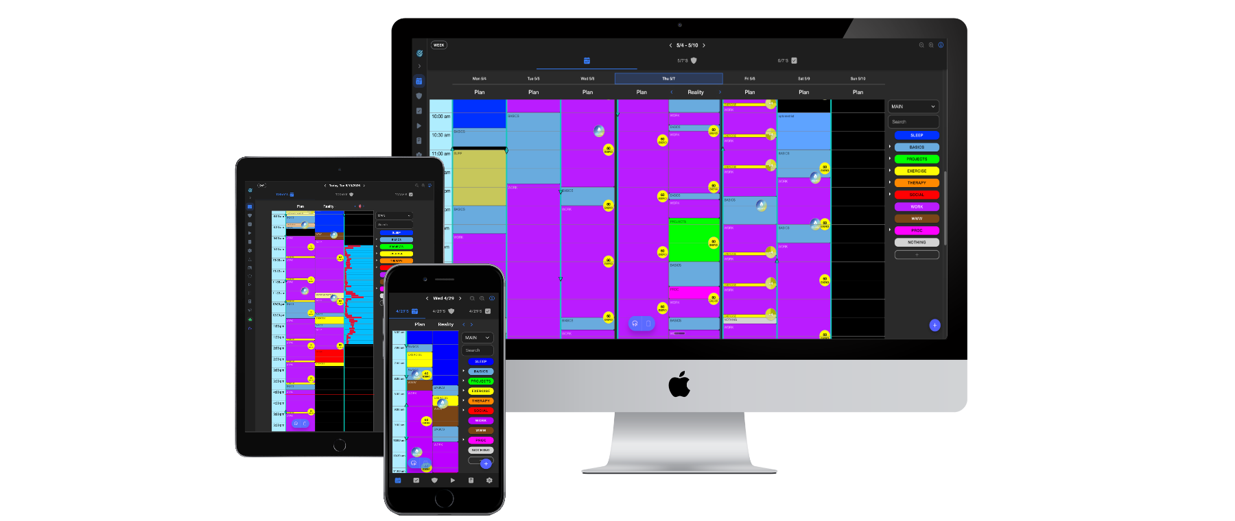 Bearing's day-plan calendar shown across iMac, iPad, and iPhone — color-coded time blocks for tasks, fitness, screentime, and routines.