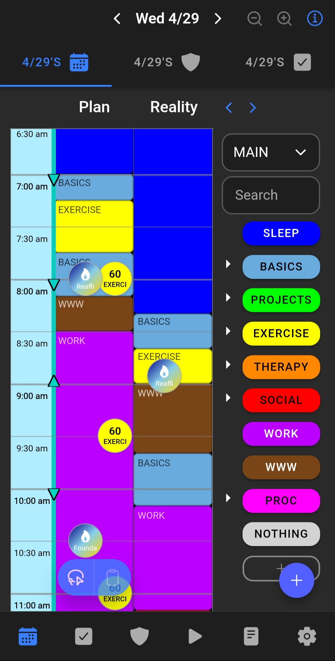 Bearing day-plan calendar on mobile showing color-coded time blocks for the planned day next to what actually happened.