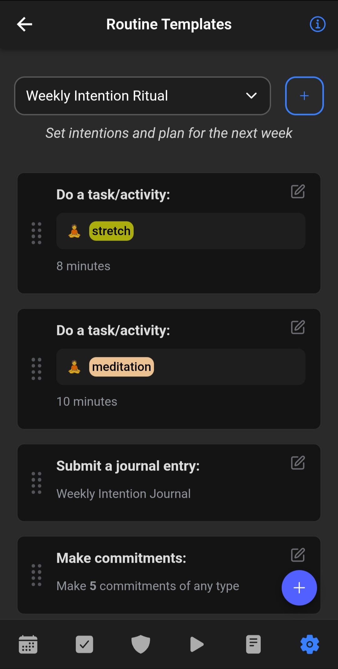 Routine template editor showing a 'Weekly Intention Ritual' with stretch 8min, meditation 10min, weekly intention journal, and make 5 commitments.