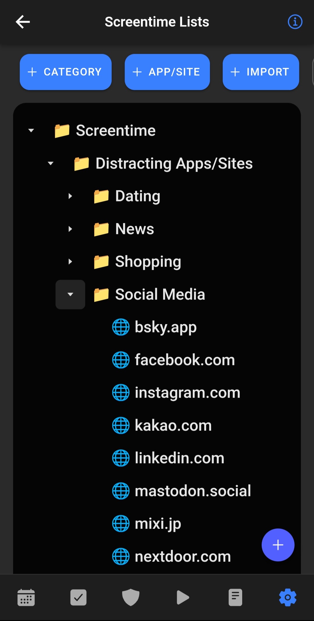 Bearing's nested screentime category tree showing 'Distracting Apps/Sites' expanded into Social Media with real domains like instagram.com and facebook.com.