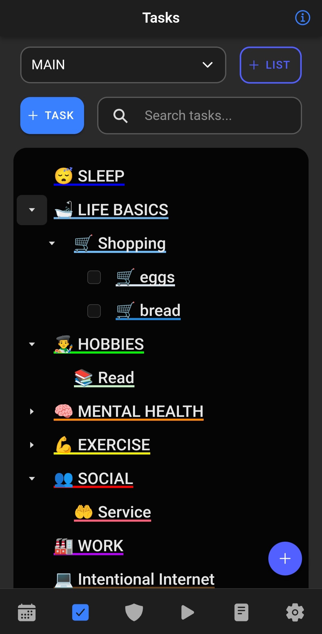 Bearing task tree showing nested categories like Life Basics > Shopping > eggs/bread, with colored underlines and emoji.